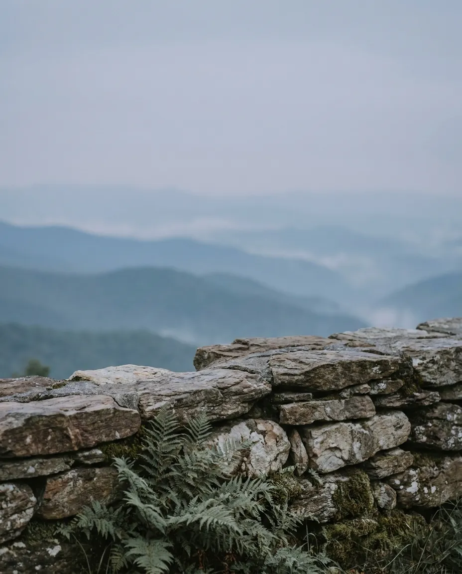 A misted Blue Ridge mountain ridgeline at dawn, with layered haze receding into the distance and no structures or people in view.